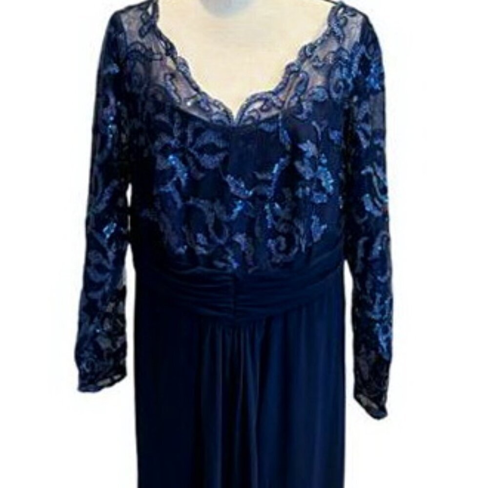 Marina Navy Blue Sequin Sheer Mesh Jersey Gown